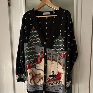 Vintage Valerie Steven’s Christmas Sledding Cardigan Oversized Black